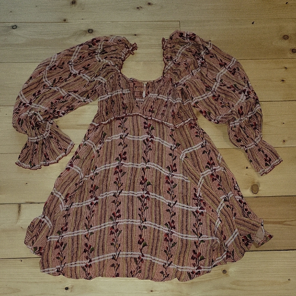 Free People Brown and Cream Mini Sundress with Bishop Sleeves